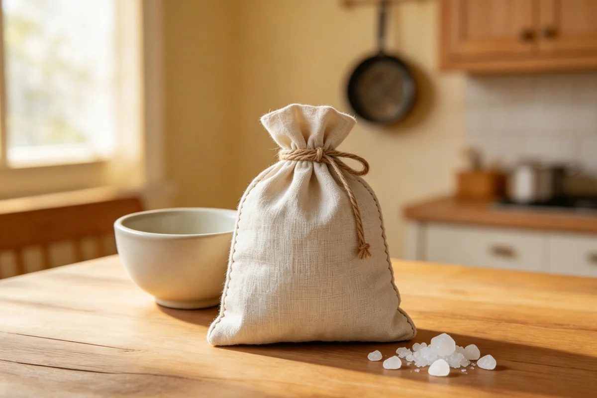 A coarse cloth salt bag on a wooden table, scattered coarse salt grains and a small ceramic bowl beside it, warm kitchen light in the background