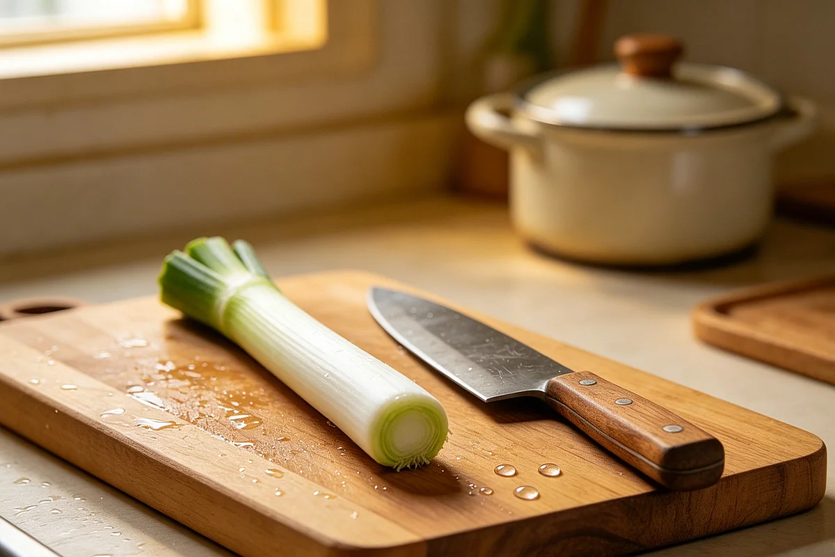 A section of scallion white root on a wooden cutting board, an old cleaver beside it, water droplets catching kitchen light