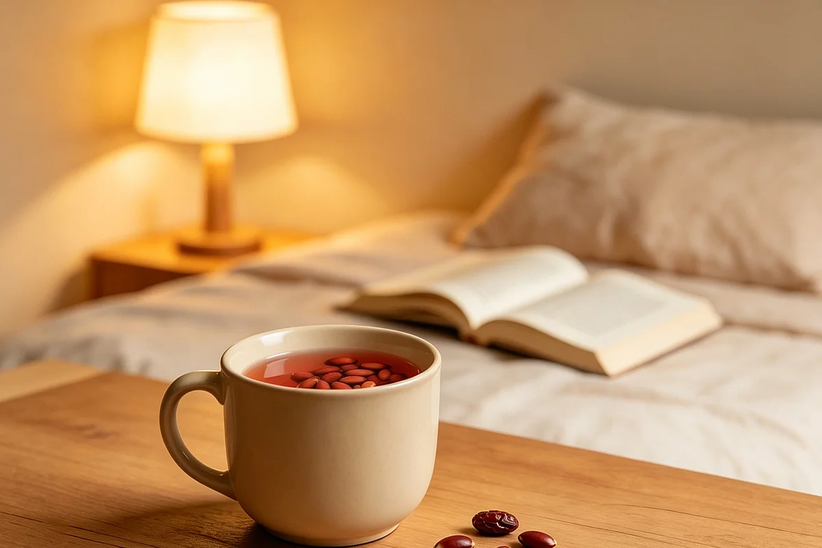 A cup of sour jujube seed tea on a wooden tray, dried jujube seeds scattered beside it, soft evening light through a window