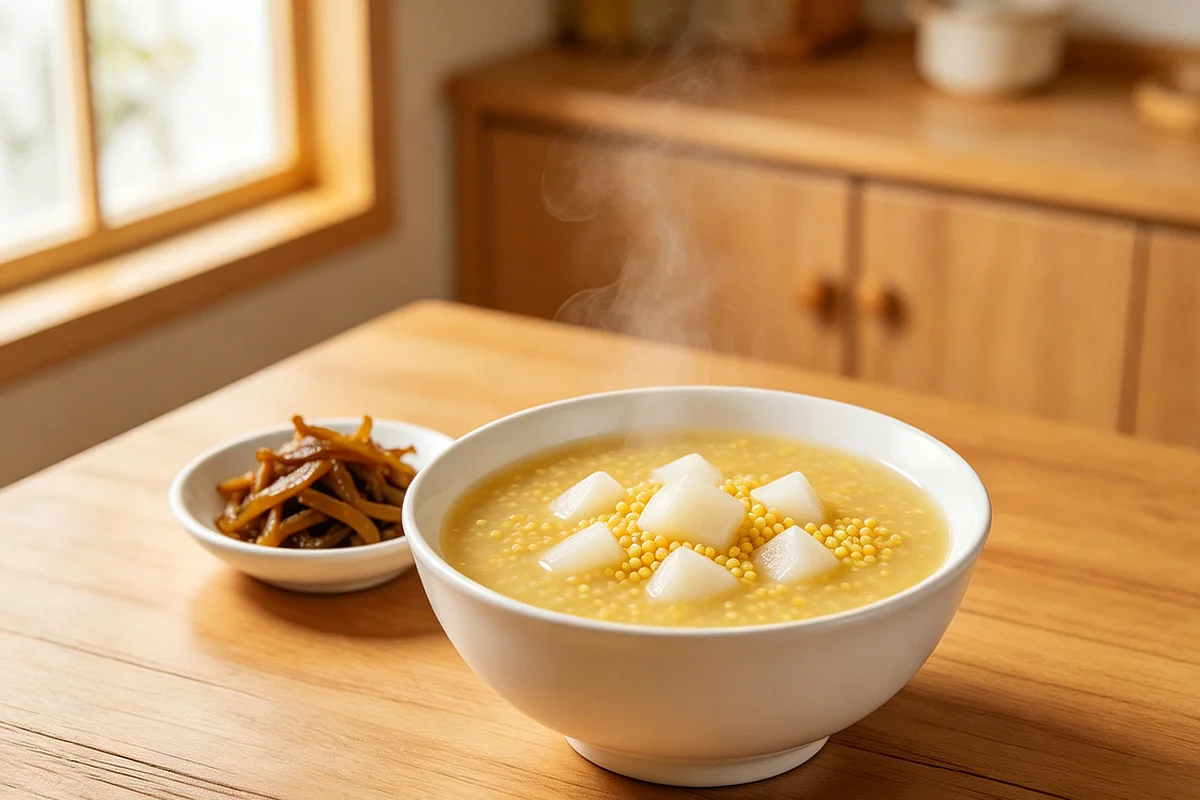 A steaming bowl of yam and millet porridge topped with goji berries, a side dish of pickled vegetables on a worn wooden table