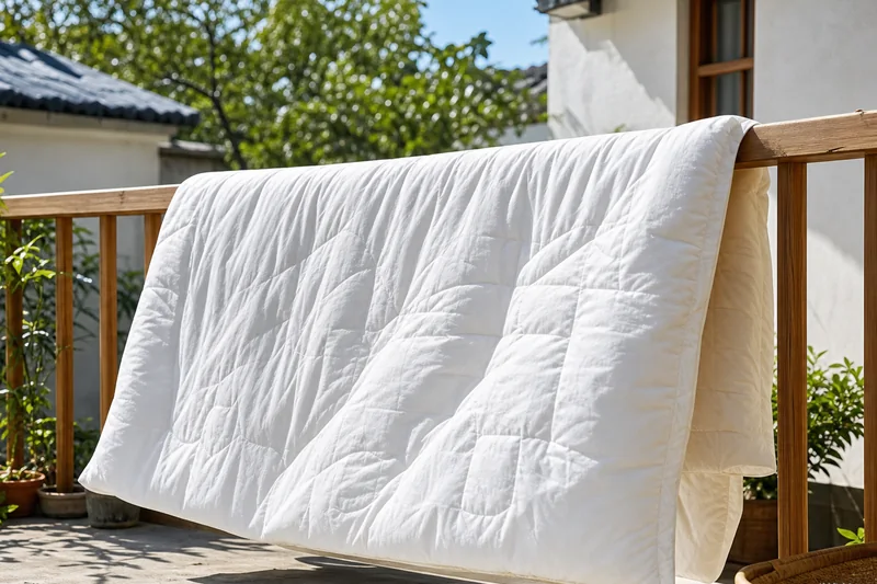 A white cotton quilt draped over a wooden balcony railing, sunlight streaming through the fabric