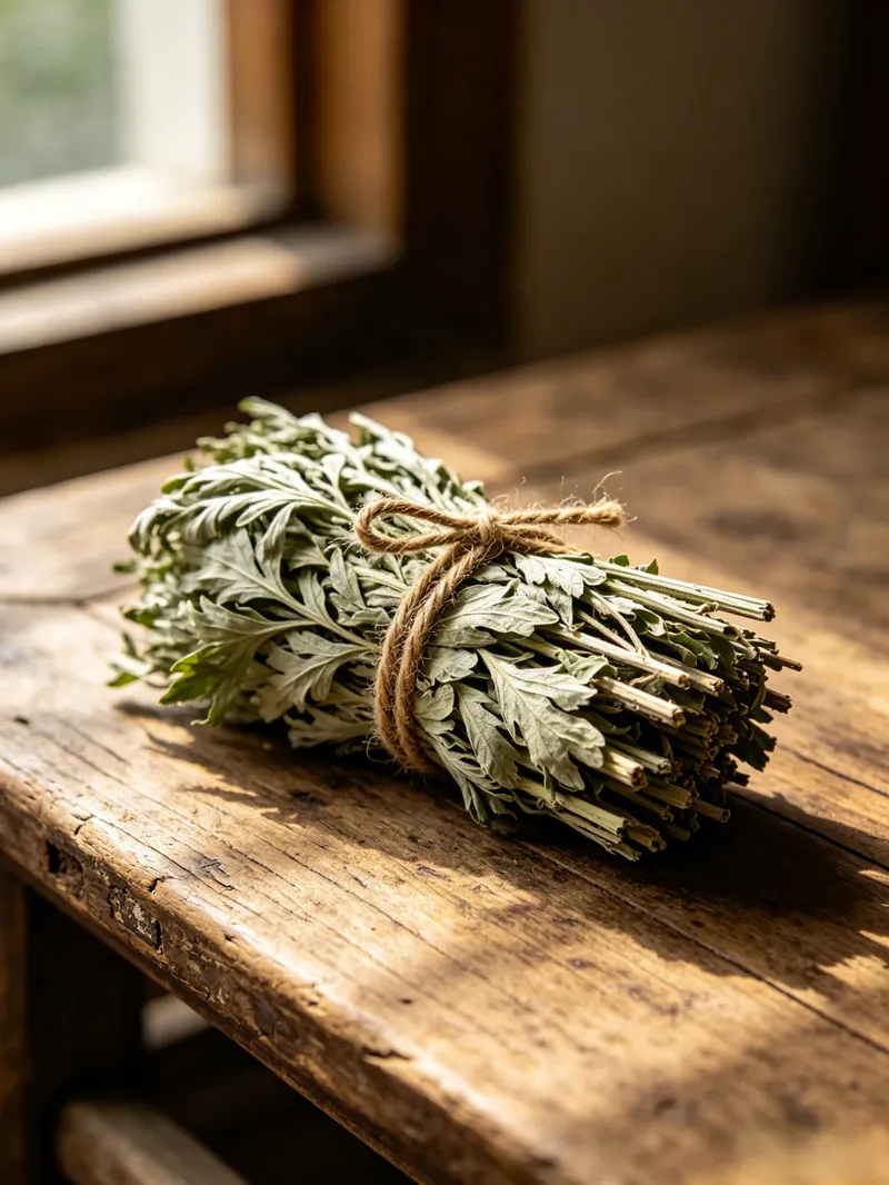 A small bundle of dried mugwort leaves tied with natural hemp string