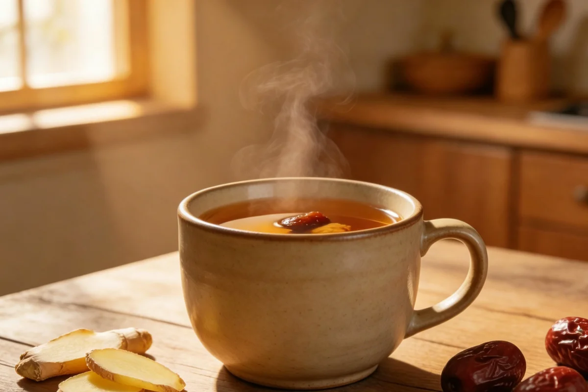 A warm cup of ginger and date tea on a bamboo coaster