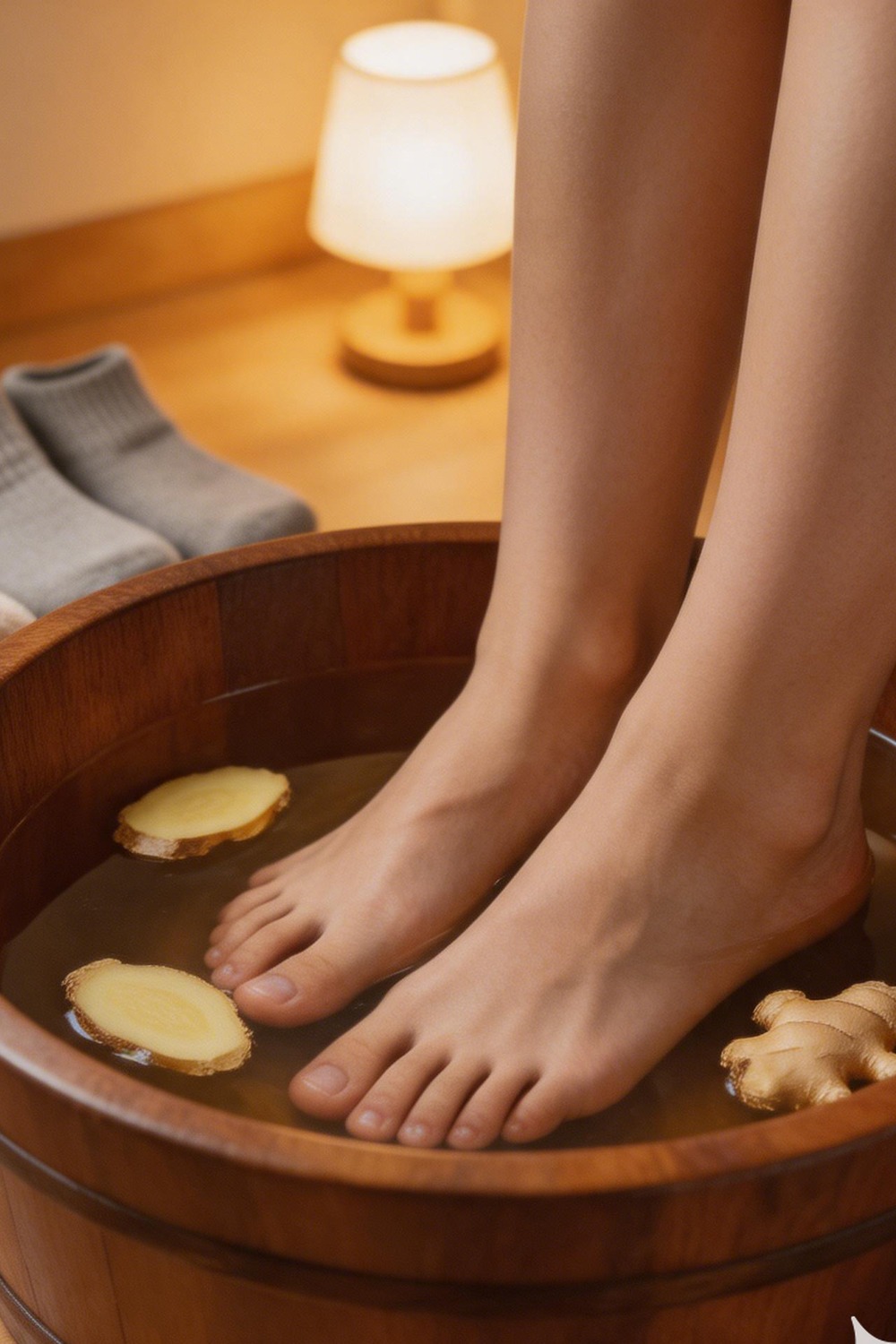 Ginger slices in a warm foot soak basin