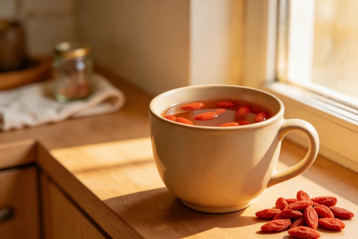 A glass jar of pale orange goji berry tea catching afternoon light