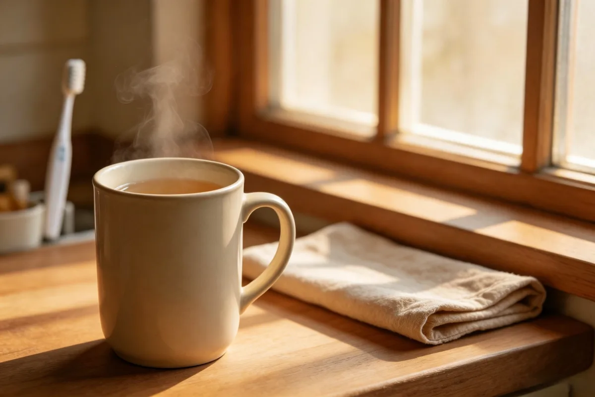 A ceramic cup of warm water on a wooden kitchen windowsill at sunrise