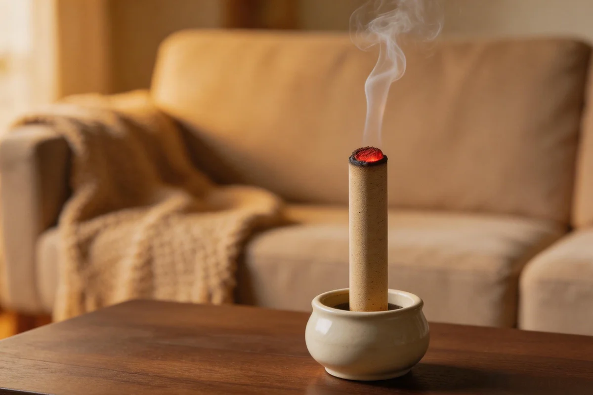 A person warming their knees with moxibustion at home