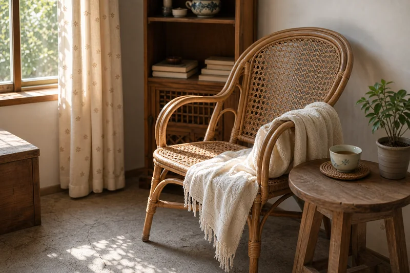 An old rattan chair with a thin blanket draped over the arm, afternoon light falling across it