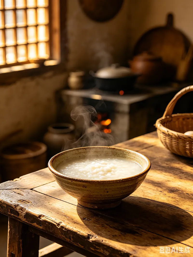 A traditional Chinese kitchen corner with a pot of rice congee simmering on the stove, painted in watercolor style