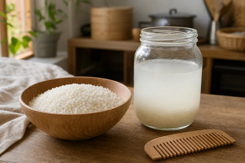 A wooden bowl of rice beside a jar of cloudy rice water and a wooden comb
